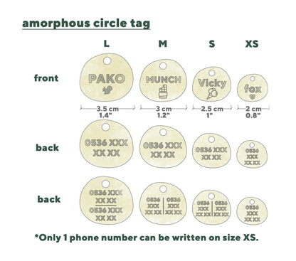 Four sizes of dog tag with measurements displayed.