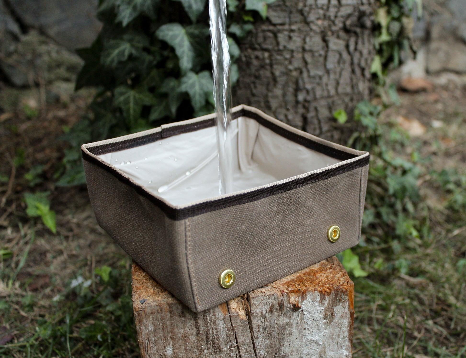 Collapsible square travel dog bowl for convenient feeding on the go.