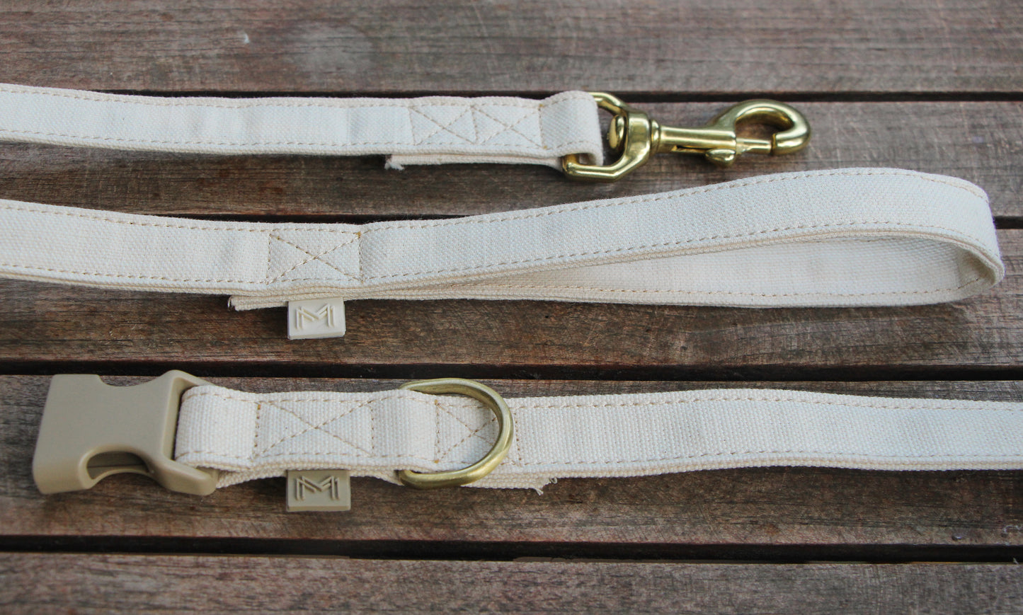 Matching organic cotton dog collar and leash set for a coordinated look.