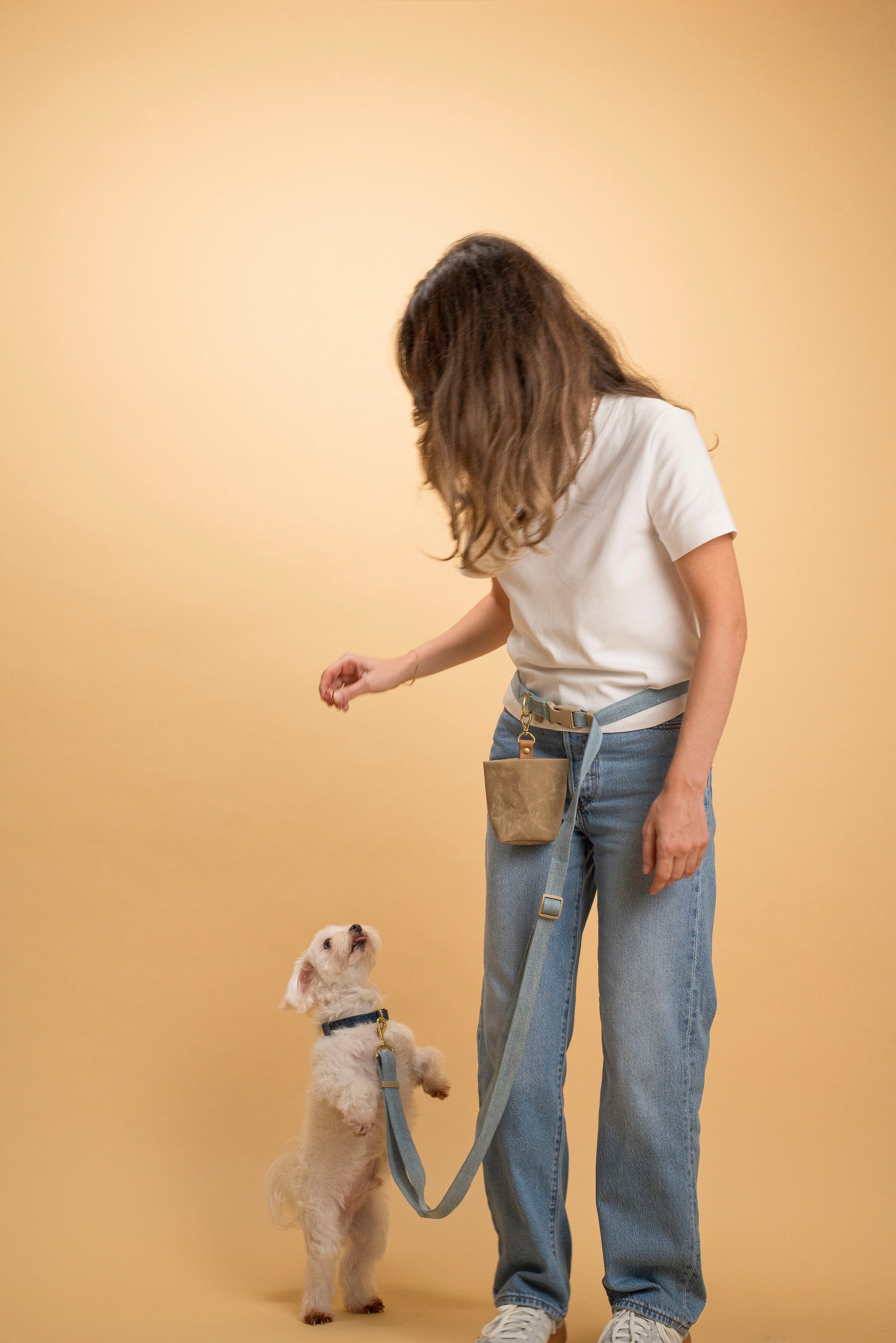 Denim belt leash with adjustable buckles for a customized fit during outdoor activities.