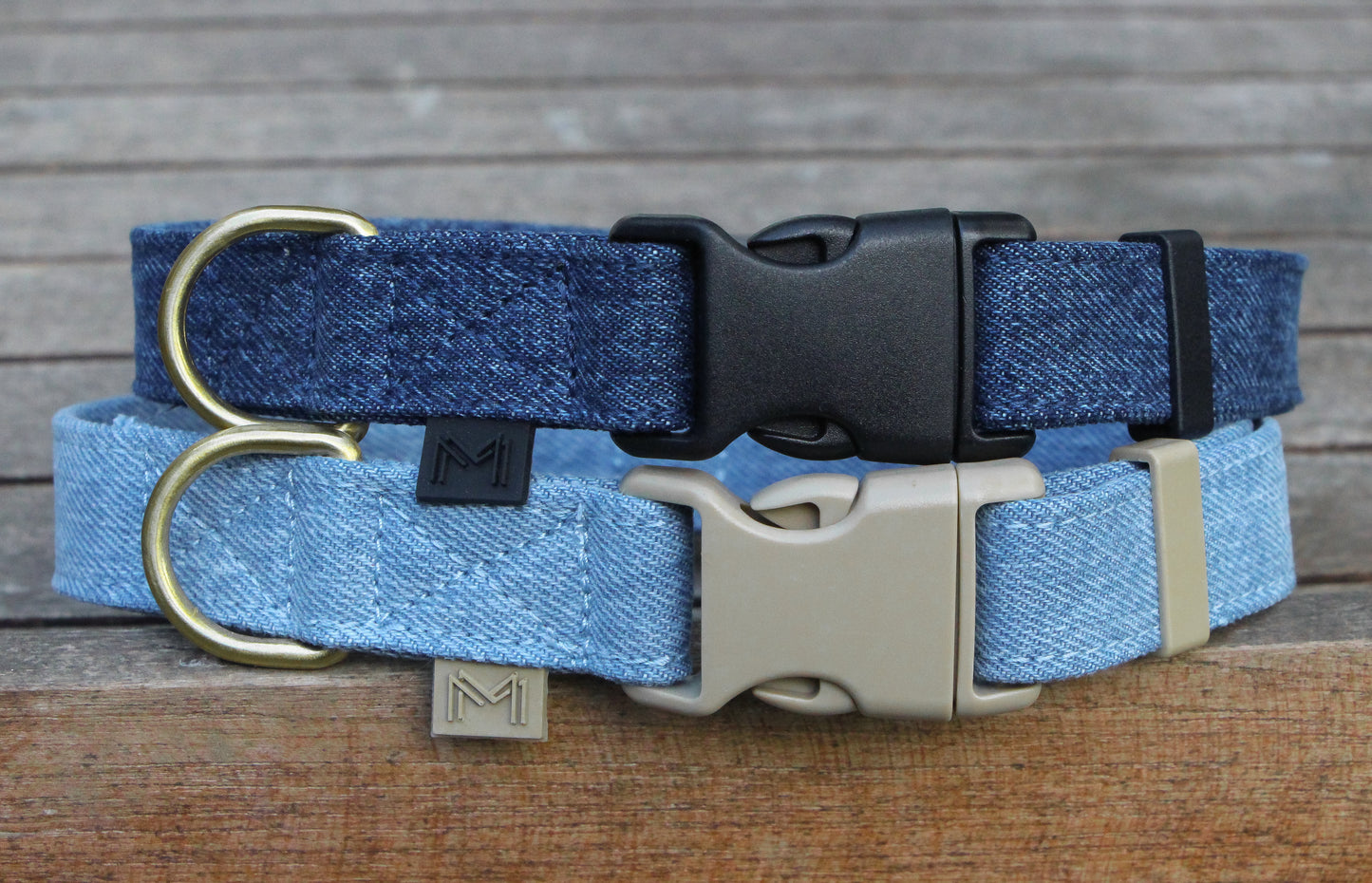 Close-up of Light Denim and Dark Denim Dog Collars featuring a durable brass D-ring, ideal for both sea and chlorinated water.