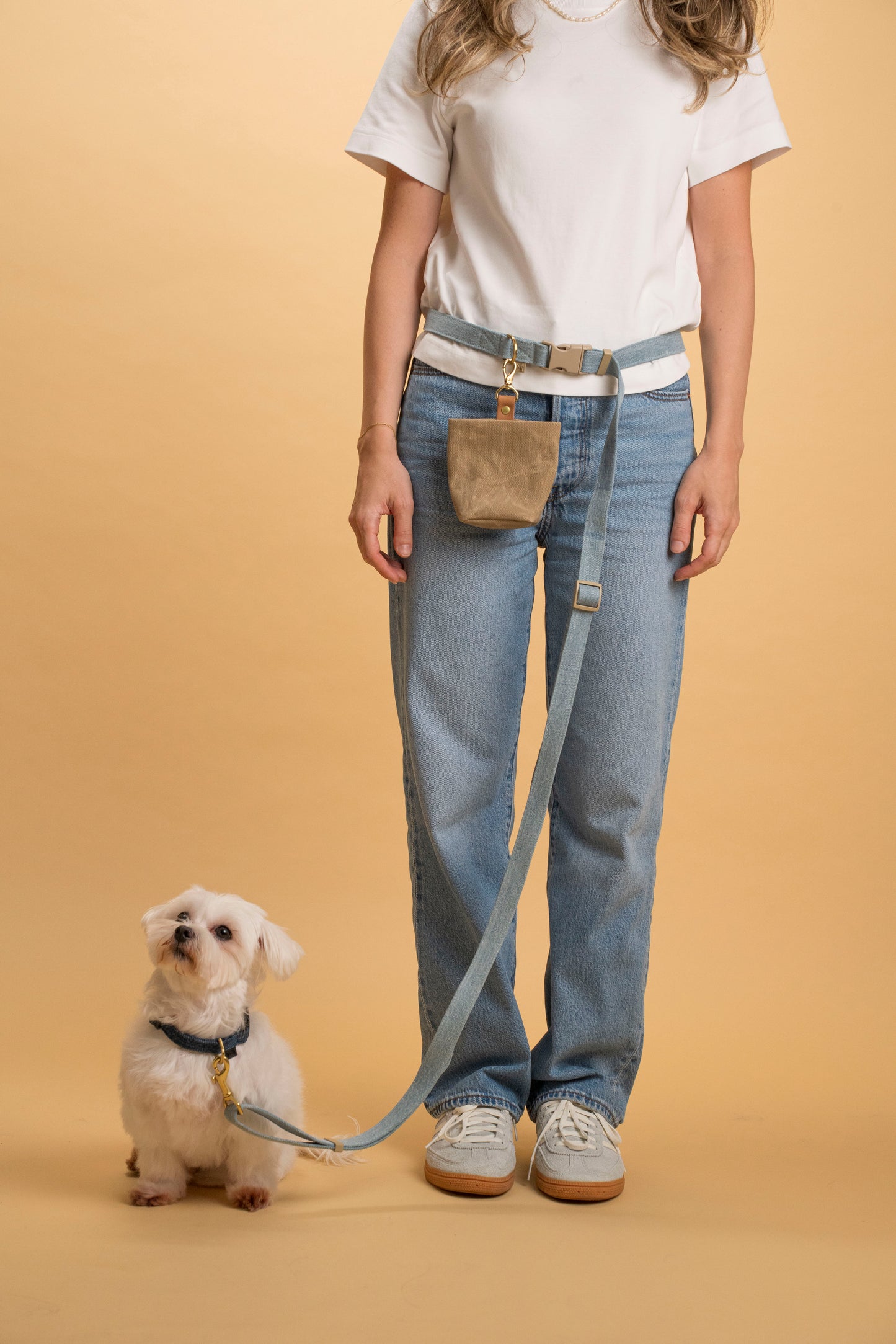 Denim hands-free dog leash with adjustable strap and brass D-ring for secure walking.