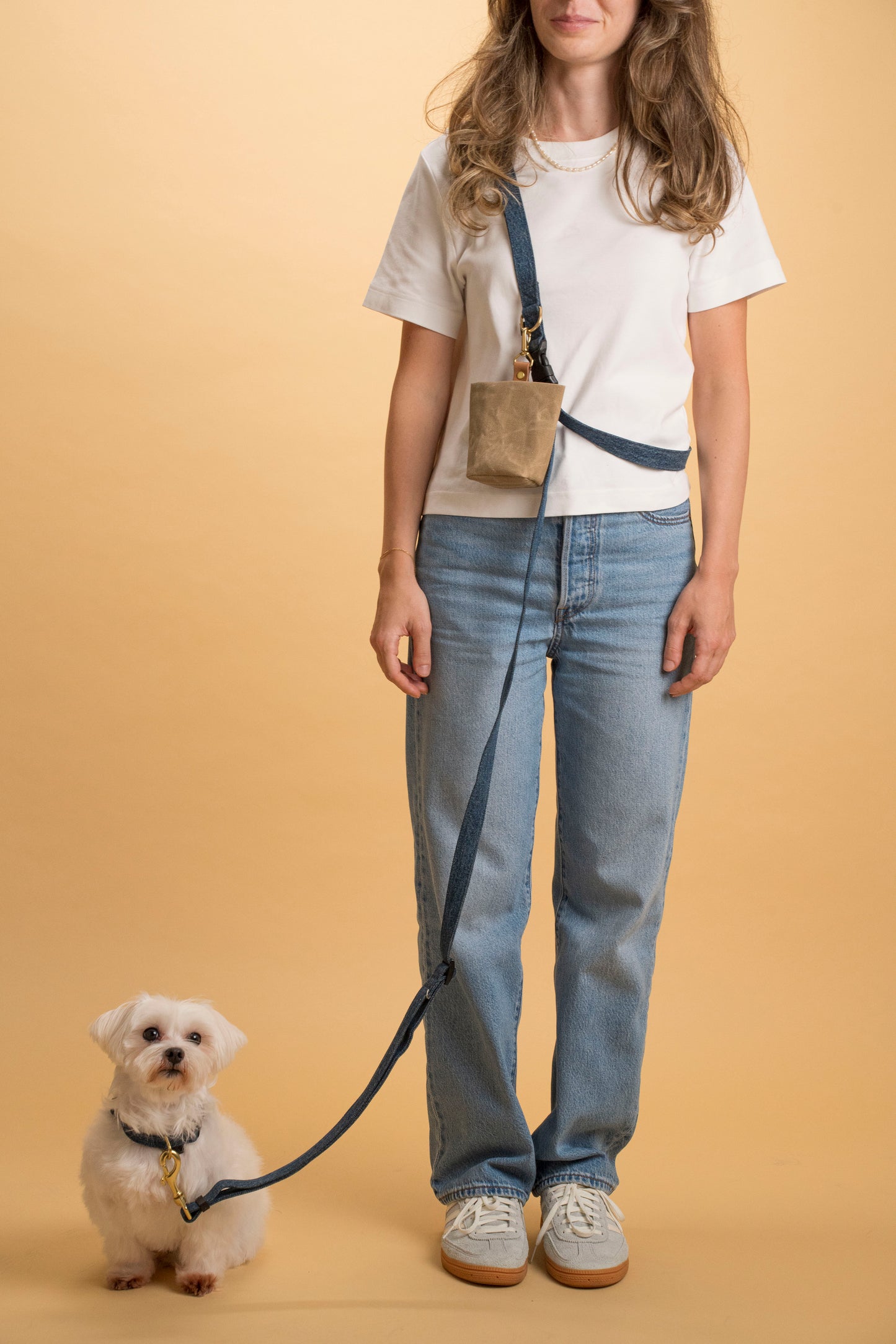 Eco-friendly denim dog leash, perfect for active pet owners who need hands-free control.