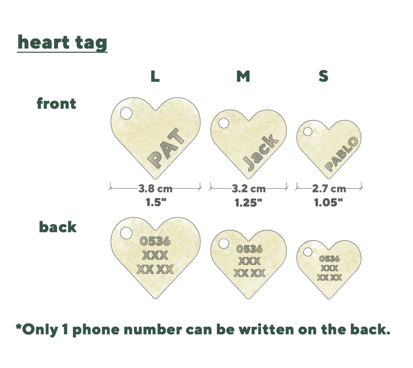 Three sizes of dog tag with measurements displayed.