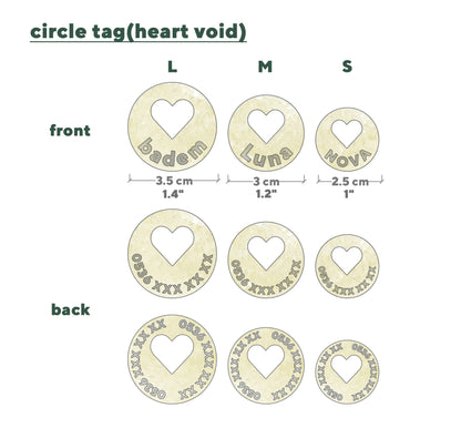 Three different size options of pet tag with detailed measurements