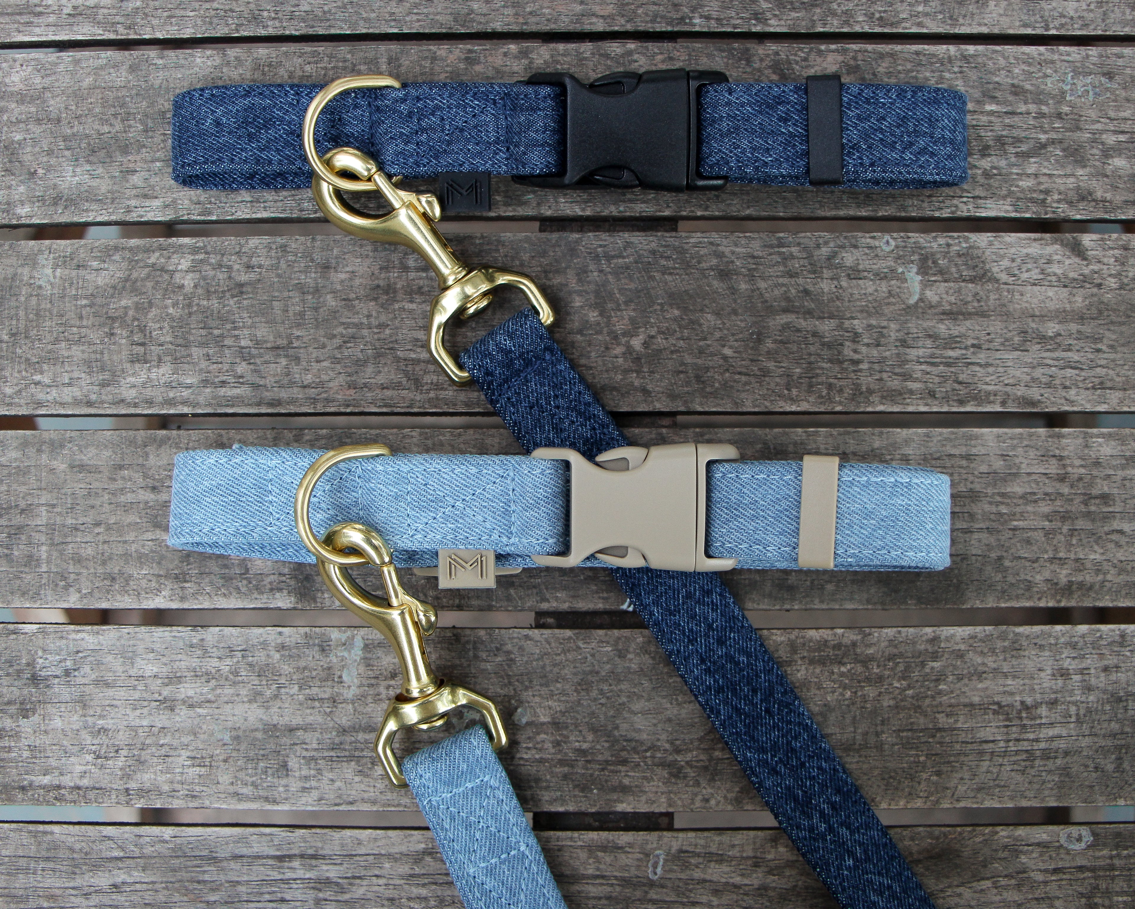 Light Denim and Dark Denim Dog Collar and Matching Leash sets, featuring elegant brass D-ring and swivel snap for a stylish and durable look.