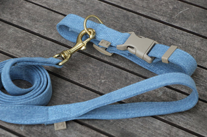 Brass D-ring on the Light Denim Dog Collar and brass swivel snap on the matching leash, combining elegance and durability for a secure and stylish look.