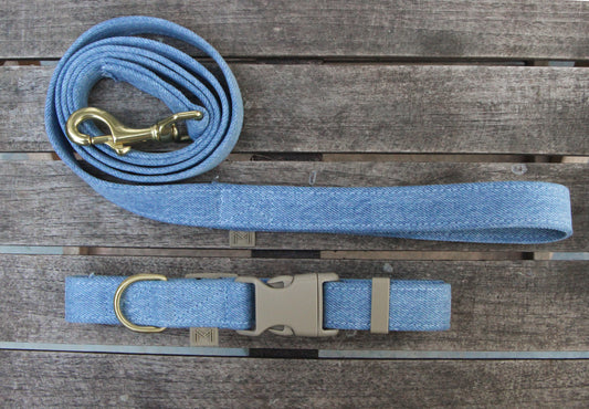 Brass D-ring on the Light Denim Dog Collar and brass swivel snap on the matching leash, combining elegance and durability for a secure and stylish look.