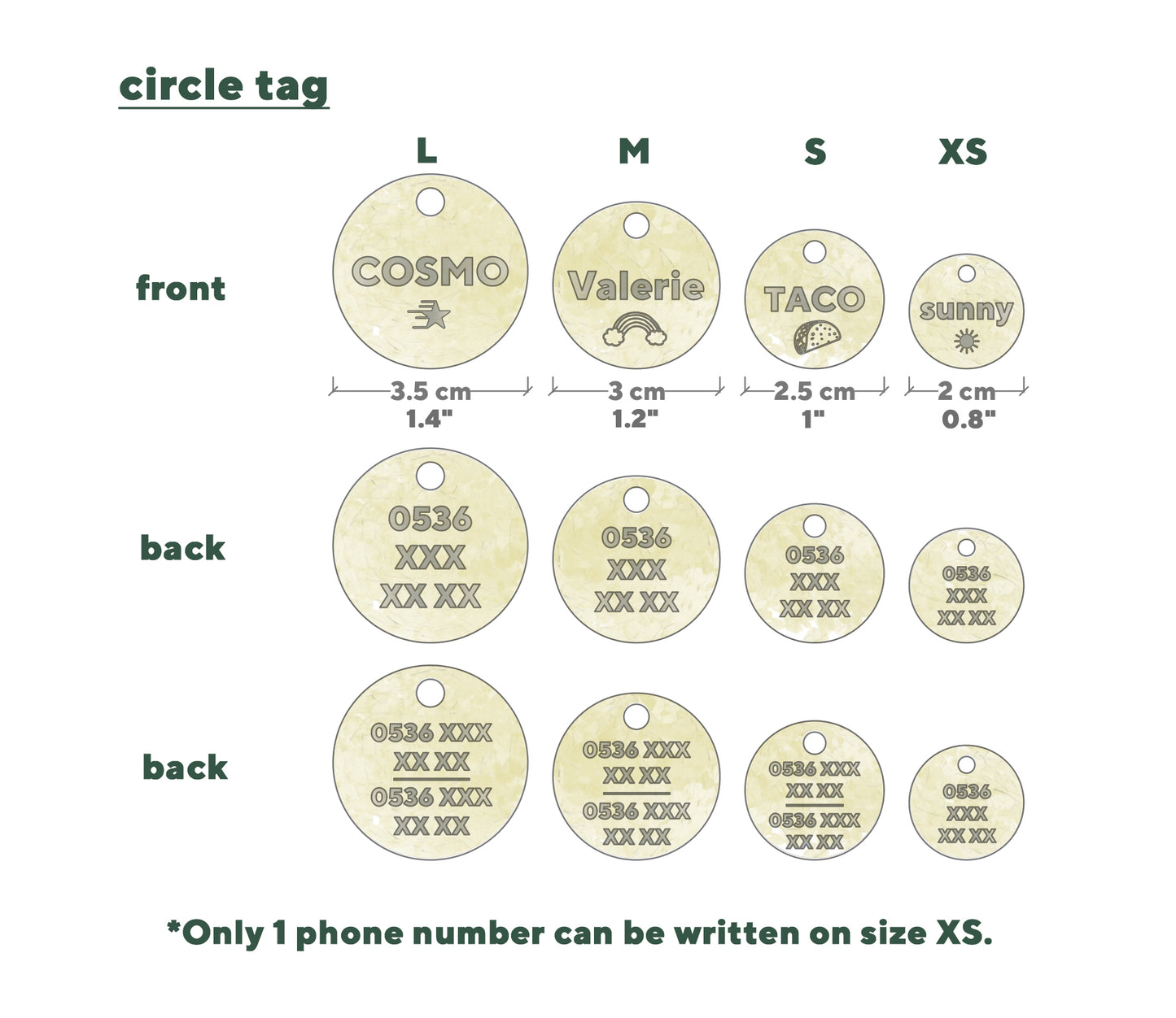 Brass pet tag engraved with name and phone number.