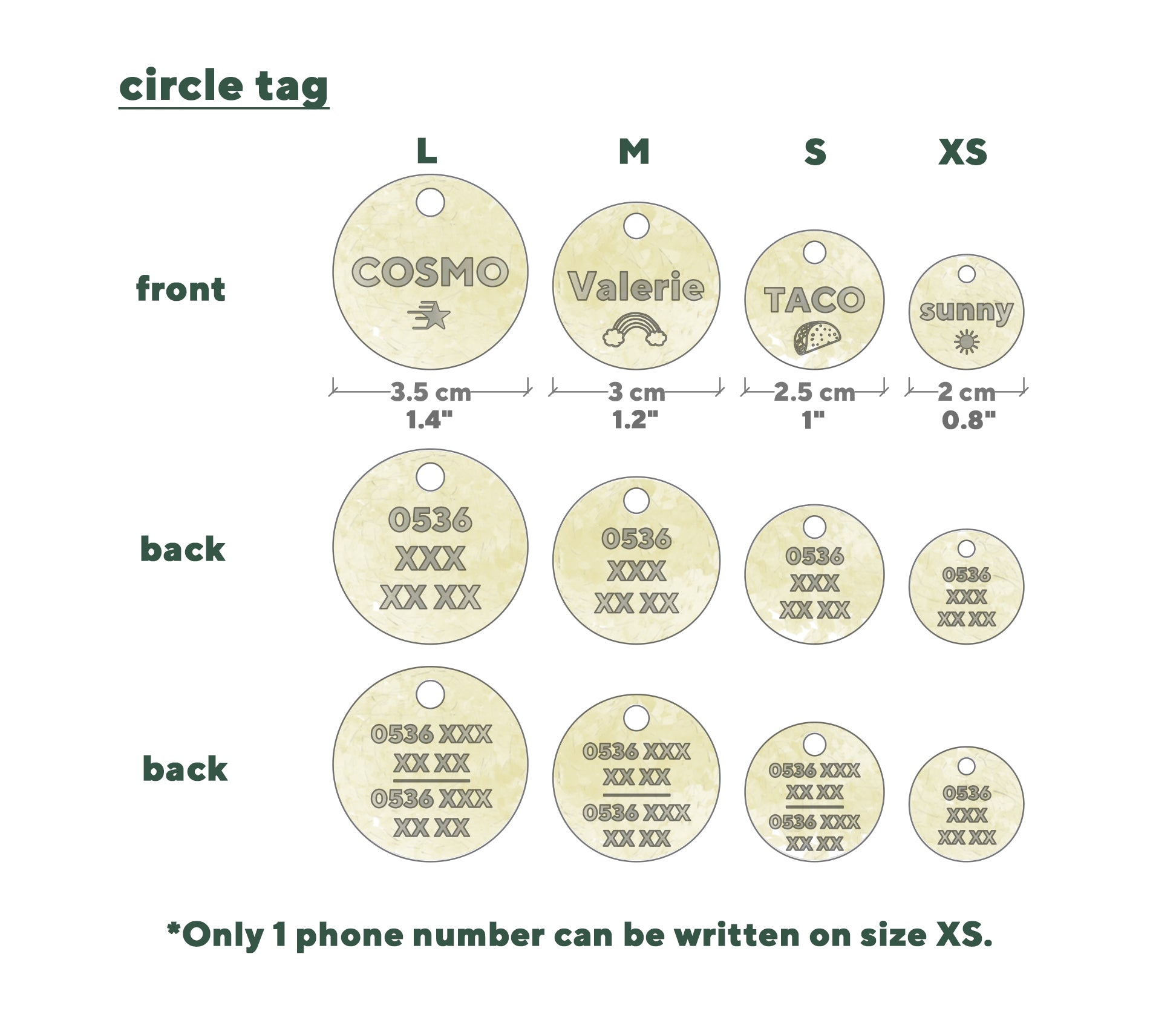 Brass pet tag engraved with name and phone number.