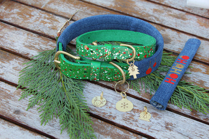 Christmas dog collar paired with a festive brass ID tag for personalization.