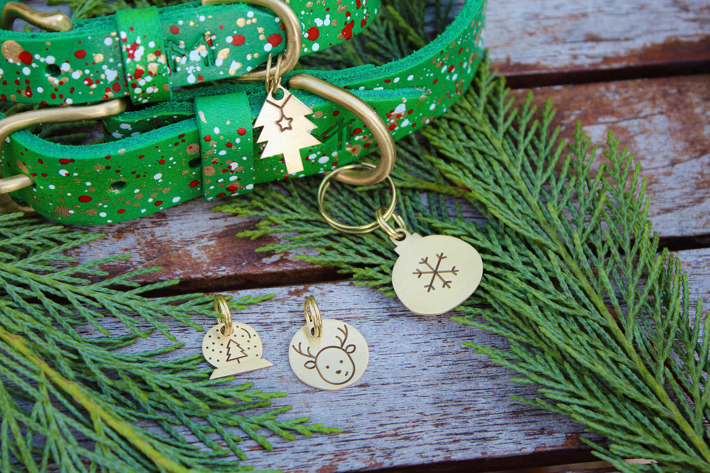 Matching holiday dog collar and ID tag set crafted for seasonal style.