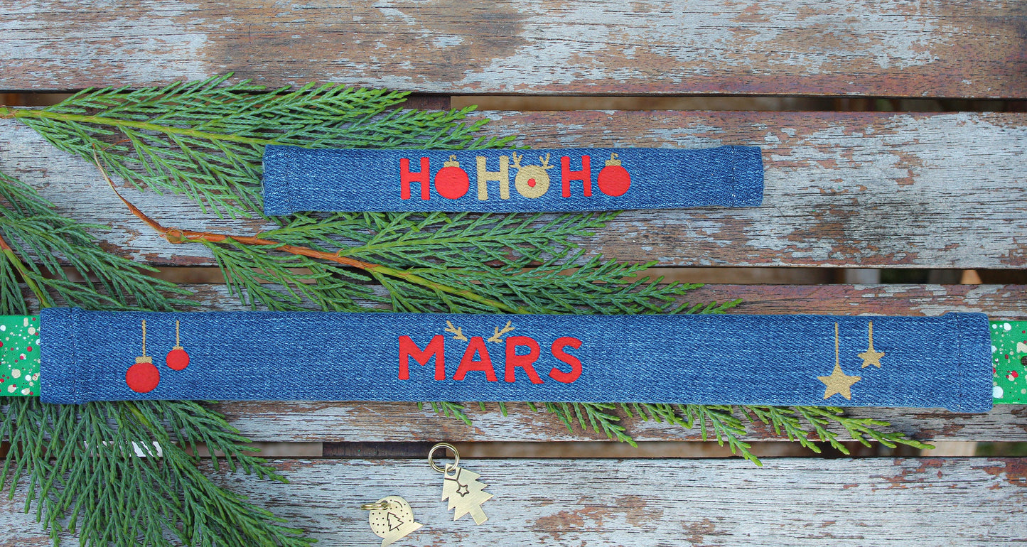 Holiday Dog Collar with Personalized denim sleeve.