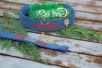 Leather holiday dog collar with an engraved tag for a personal touch.