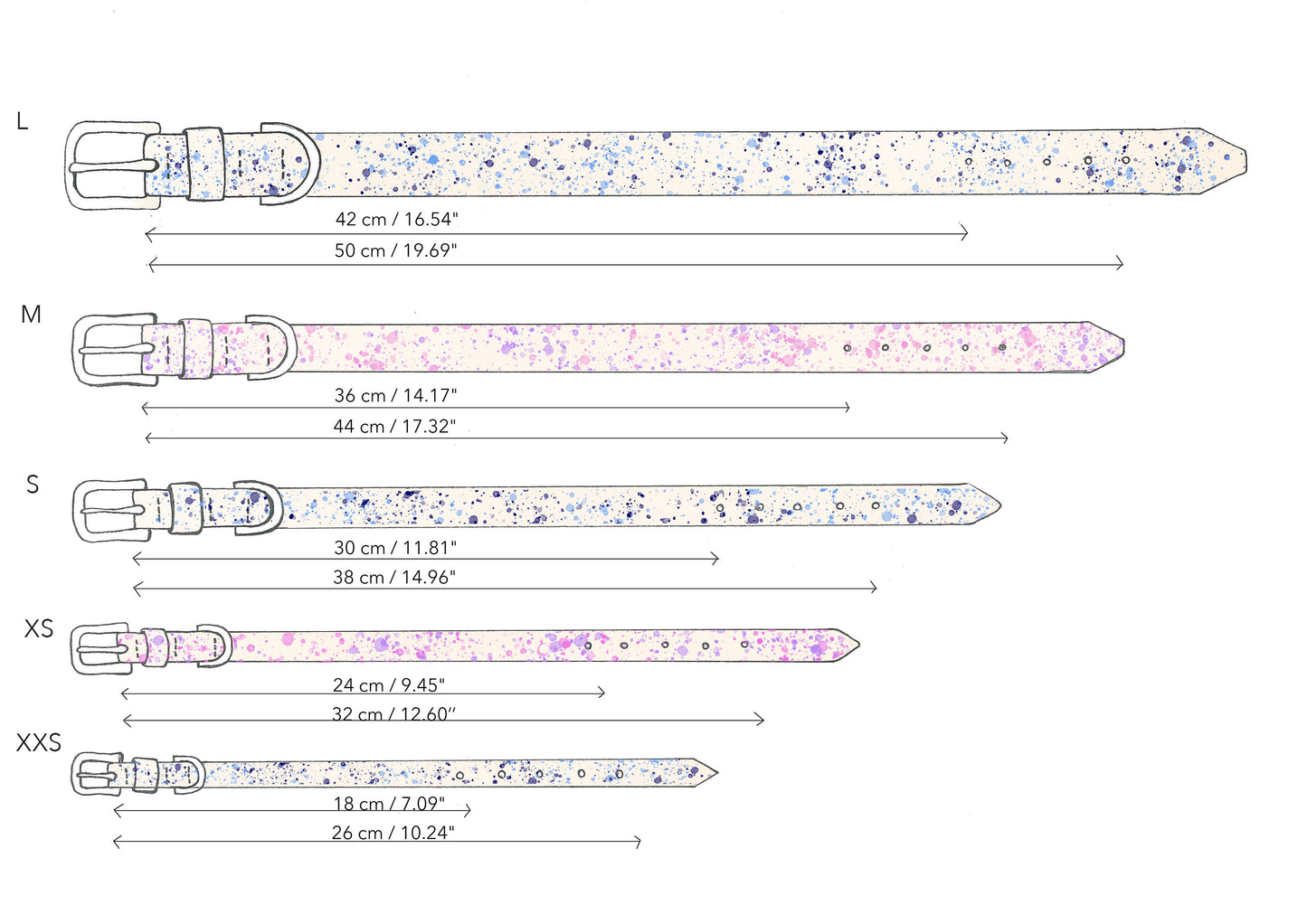 Size options for the leather dog collar, suitable for small and large pets.