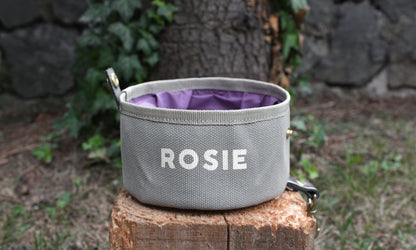 Personalized collapsible oval dog bowl, perfect for feeding during trips.